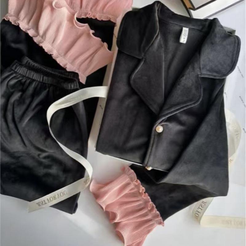 New Autumn-Winter Women's Long Sleeve Island Fleece Pajama Set with Cardigan, Korean Style Double-Sided Fleece, Wear Indoors or Out