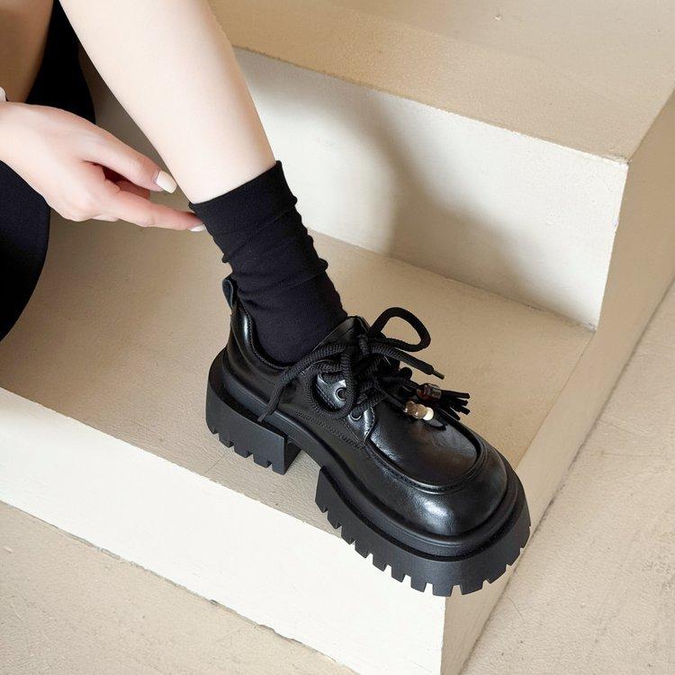 

Thick-soled heightening British style brown small leather shoes women s shoes 2025 autumn new models with skirts loafers thick heel single shoes 35