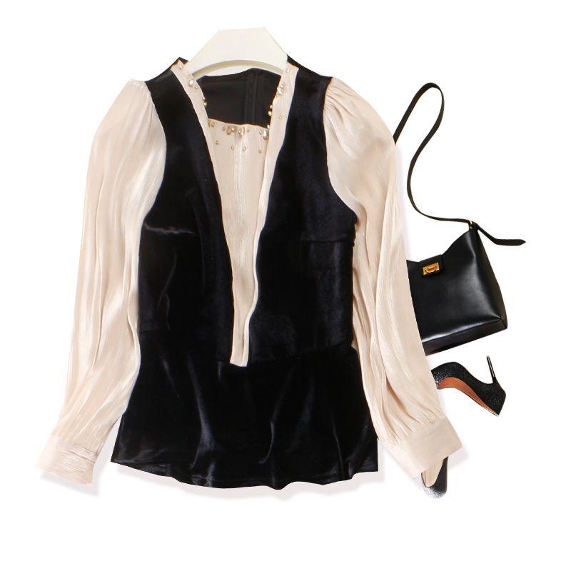 

New New High-Ranking Goods! French Poplin Silk Long Sleeves Handmade Rhinestone Women s Real Velvet Fake Two-Piece Shirt/T-shirt Black L