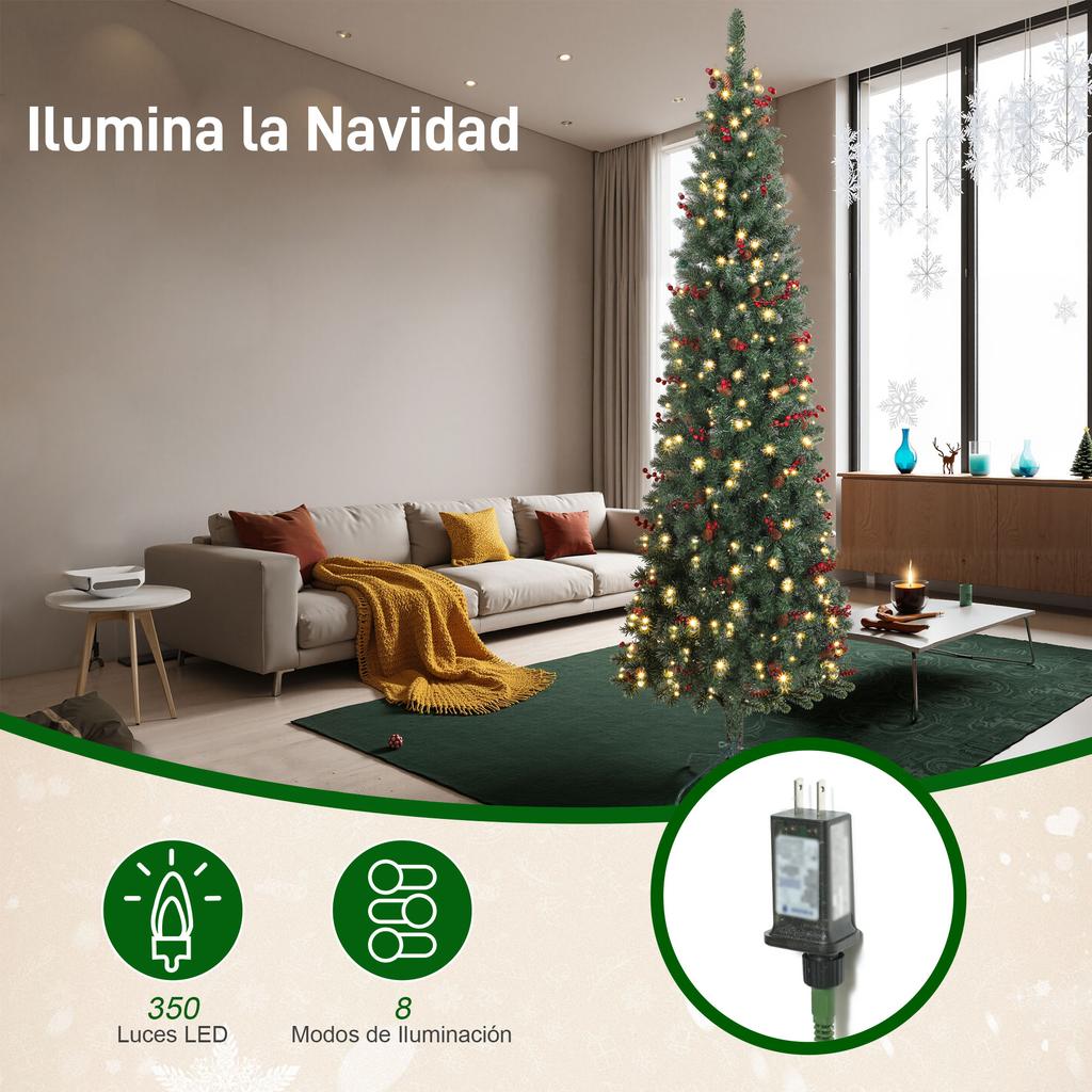 Narrow Artificial Christmas Tree 230 Cm with LED Lights 7 Lighting Modes 761 Branches Pine Cones Berries and Stand Green