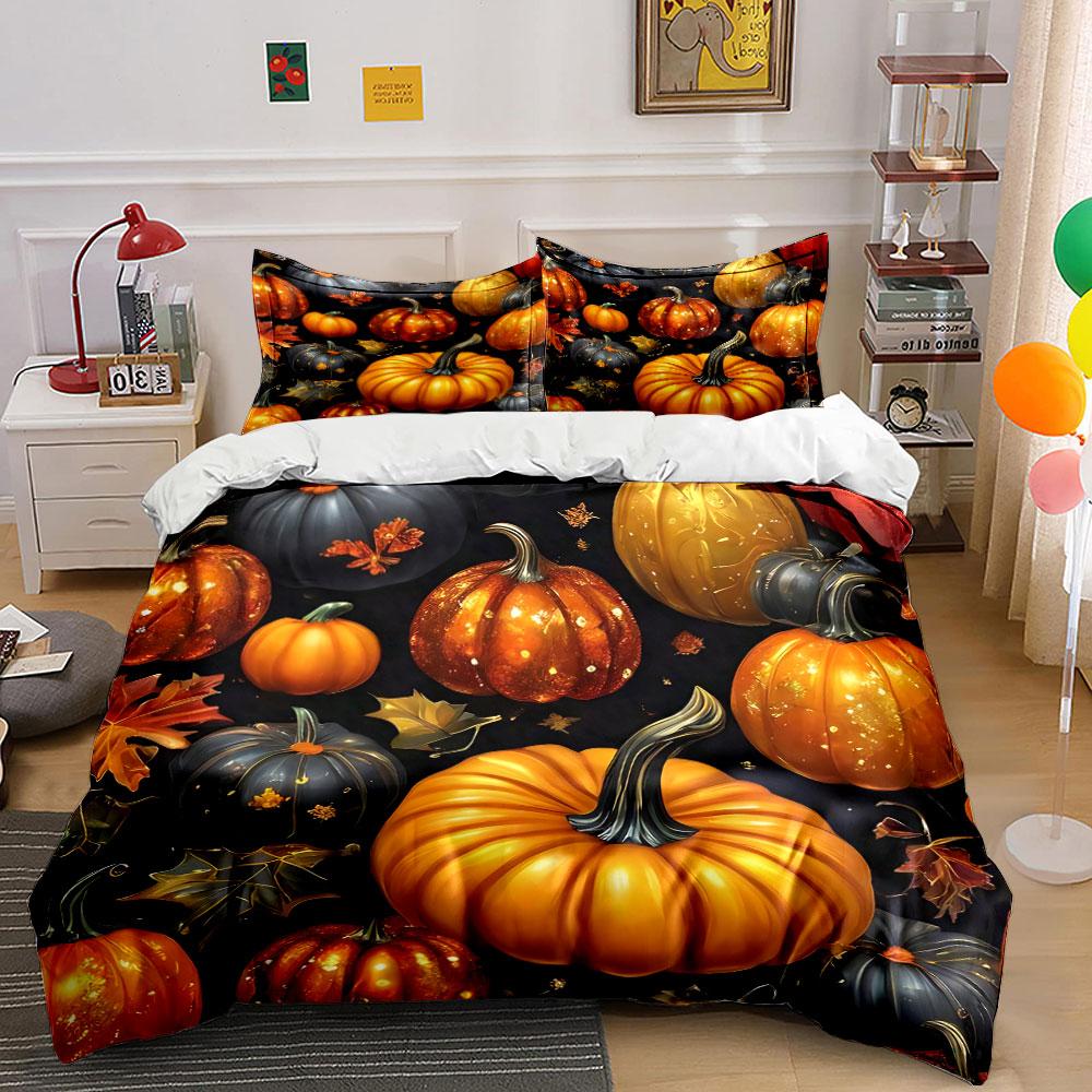 Kürbis und Herbstlaub Muster Bettwäsche Bettbezug Set Bettbezug Kissenbezüge  (1*Bettbezug 2*Kissenbezüge, ohne Bettdecke) 155x200cm