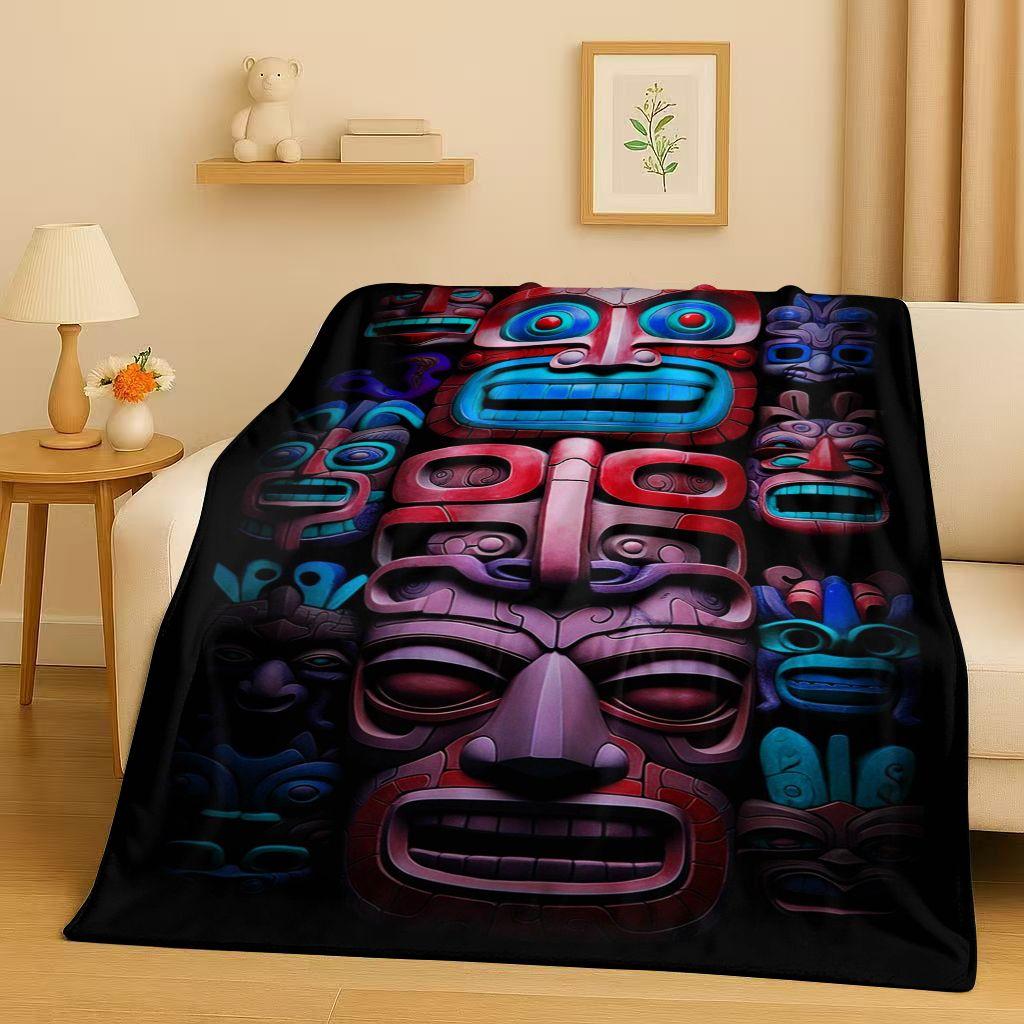 Retro Aztec Totem Maya Mask Sun God Flannel Blanket,Ultra Soft Warm Plush Throw for Home Bedroom Bed Sofa Cover Office Gift Kids