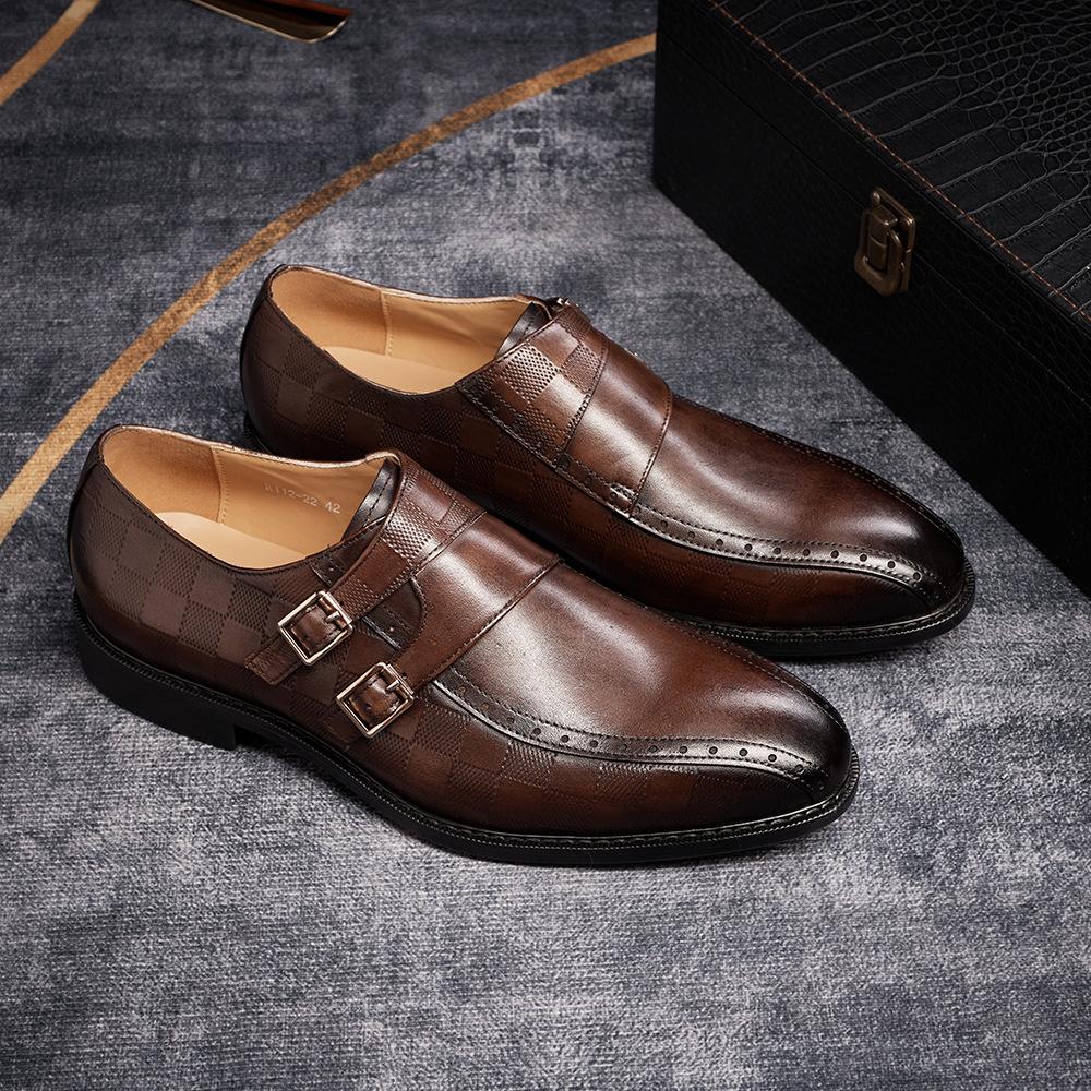 Leather Shoes Men'S Handmade Leather Dress Metal Buckle Business Men'S Shoes Casual Breathable British Engraved Monk Shoes