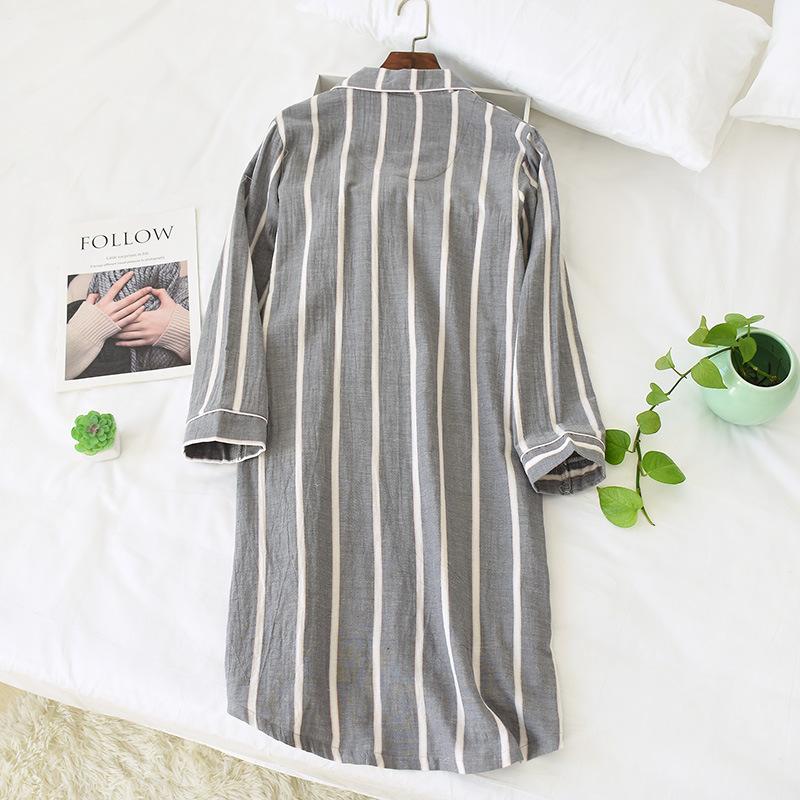 Spring and Summer New Long-Sleeved Nightgowns Cotton Women's Mid-Length Cotton Sleepshirts Home Stripe Knee-Length