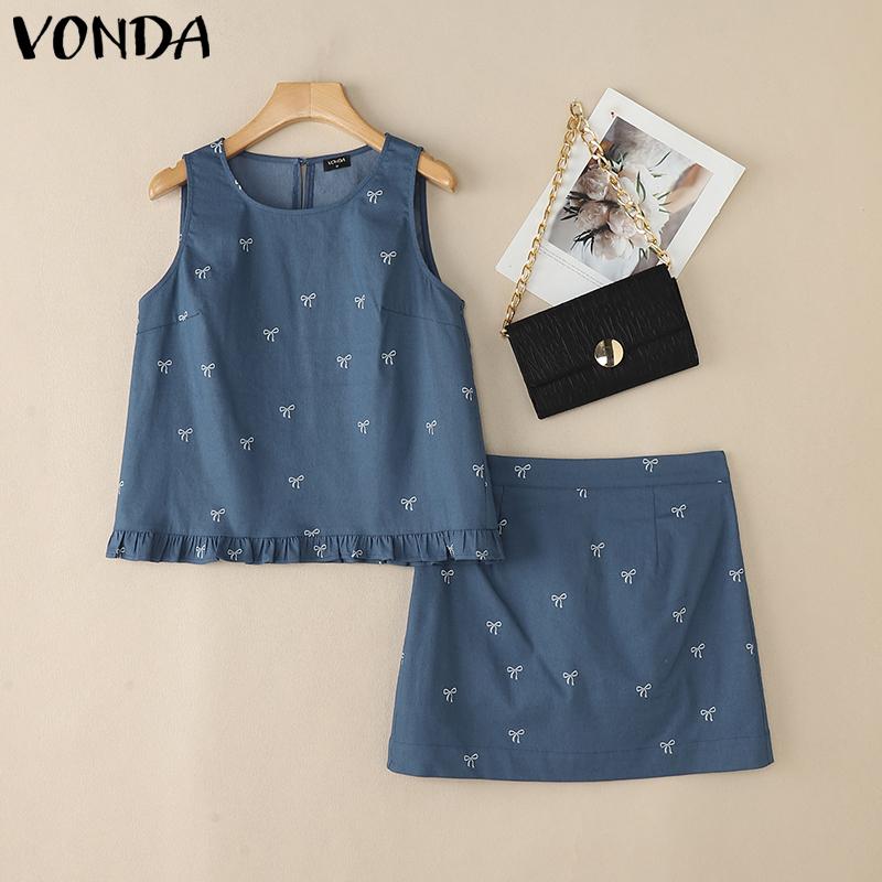 VONDA Seturi Maieuri Femei Gât O Imprimeu Topuri Fără Mâneci și Fuste Mini A-line Costume Ținute