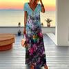 Women Plus Size V Neck Short Sleeve Maxi Dress Blue Base Vibrant Floral Watercolor Print Loose Long Dress