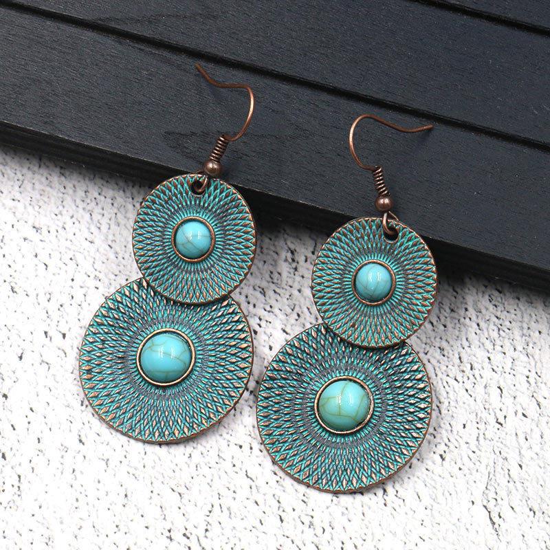 Vintage Boho Blue Stone Beaded Drop Earrings For Women Tassel Ethnic Geometric Flower Leaf Long Dangle Earrings Trendy Zircon
