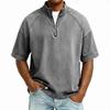 Camicia casual da uomo in denim lavato con mezza zip, colletto alla coreana e maniche corte