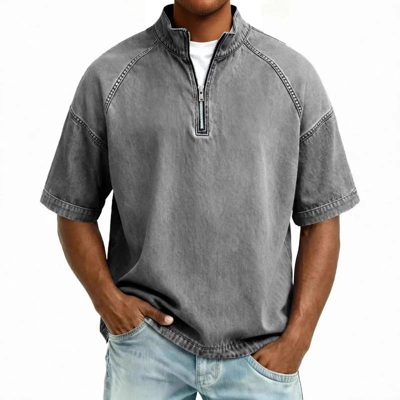 Camicia casual da uomo in denim lavato con mezza zip, colletto alla coreana e maniche corte