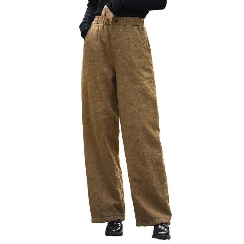 High-Waisted Thickened Cotton-Linen Wide-Leg Pants for Women - Winter, Slim-Fit, Casual, Lightweight