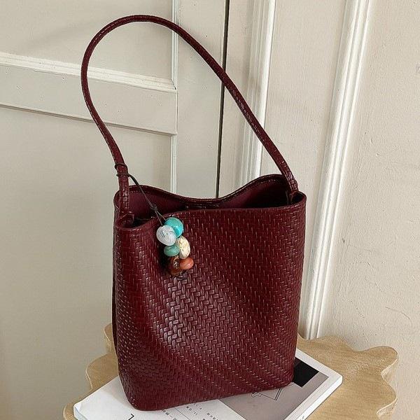 2026 Summer Korean Minimalist Woven Texture Bucket Bag - Large Capacity, Solid Color, Single Shoulder & Handheld