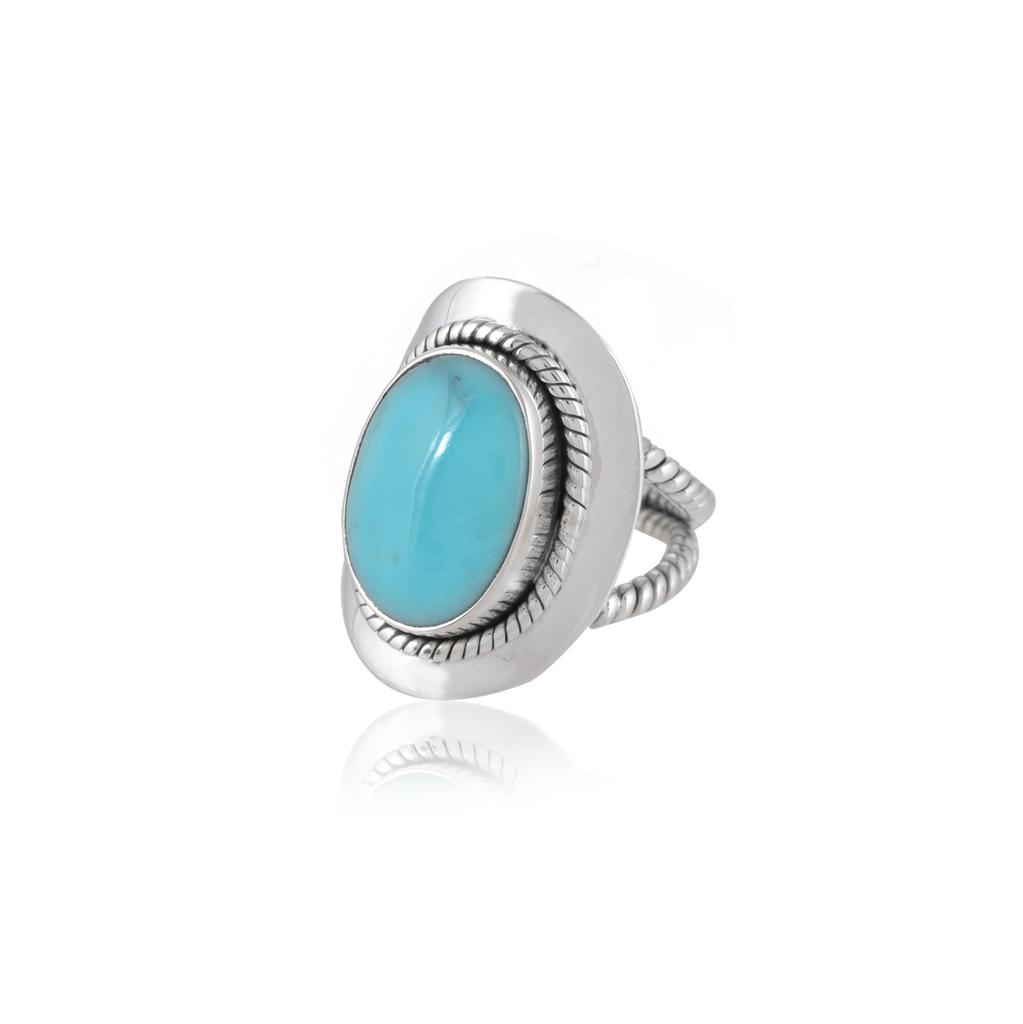 Sterling Silver Turquoise Ring - Oval Blue Gemstone Statement Ring with Rope Border - Boho Southwest Style Women's Jewelry