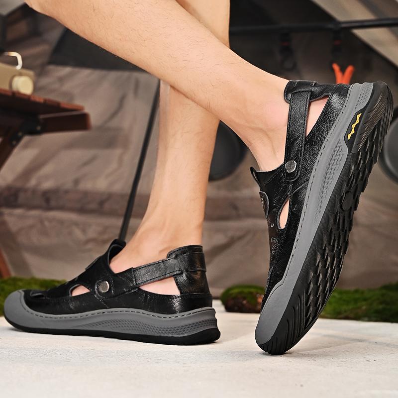 Fashion Breathable Beach Leather Man Sandals Outdoor Soft Hiking Closed Toe Summer Hollow Out Shoes Mens Baotou Trekking Casual Sandals