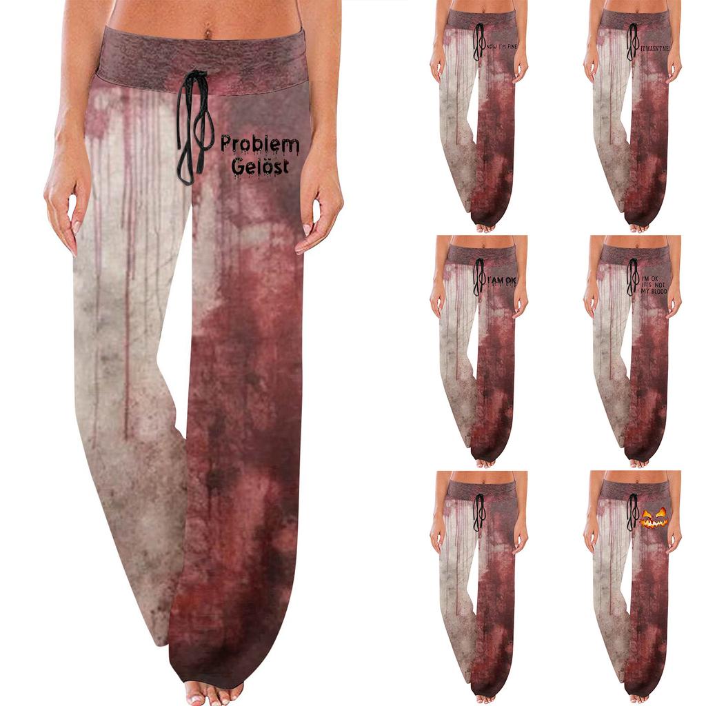 Women's Comfortable Sleep Pants Halloween Print Drawstring Wide Leg Pants
