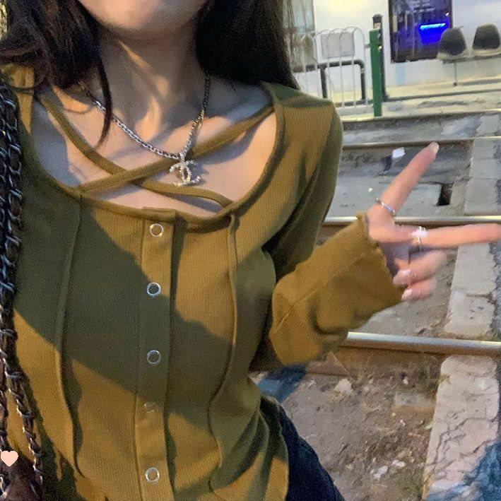 Sweet & Stylish Hot Girl V-Neck Long Sleeve Ribbed T-Shirt - Autumn Slim Fit Women's Top