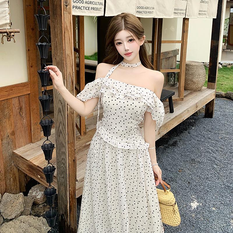 French One-word Shoulder White Pendulum Dress Women's Waist and Thin Long Gentle Wind Vacation Polka Dot Skirt