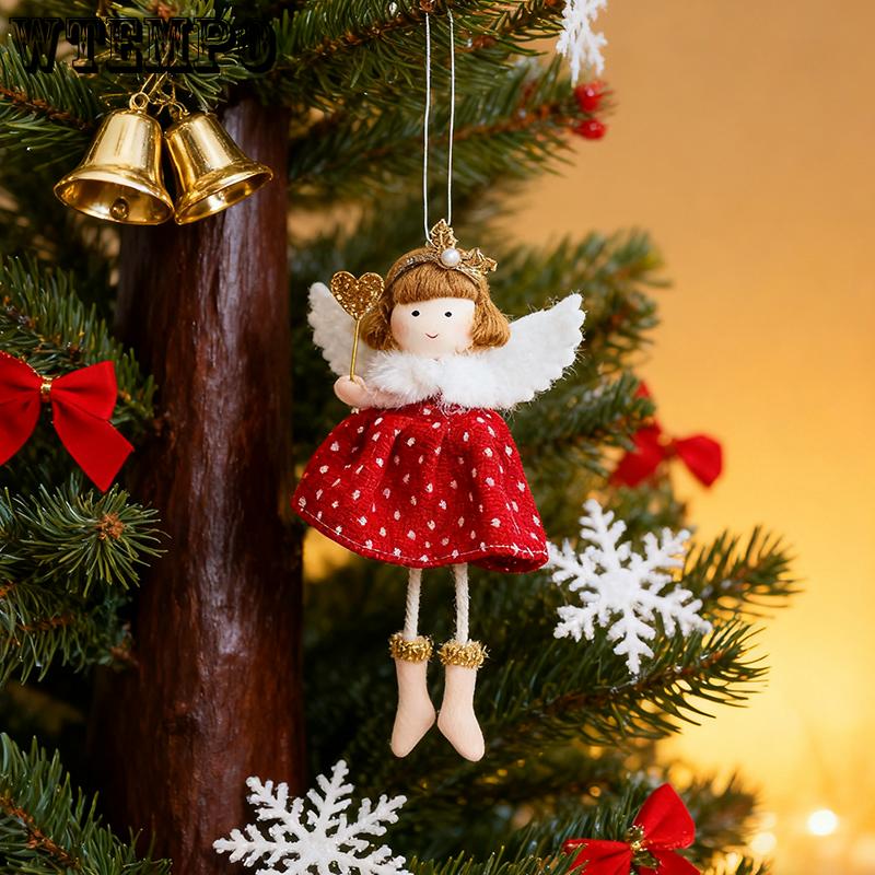 WTEMPO Christmas Angel Girl Doll Decorations Christmas Tree Hanging Ornaments Plush Checkered Skirt Pearl Headwear Doll Pendants Festive Party Gifts