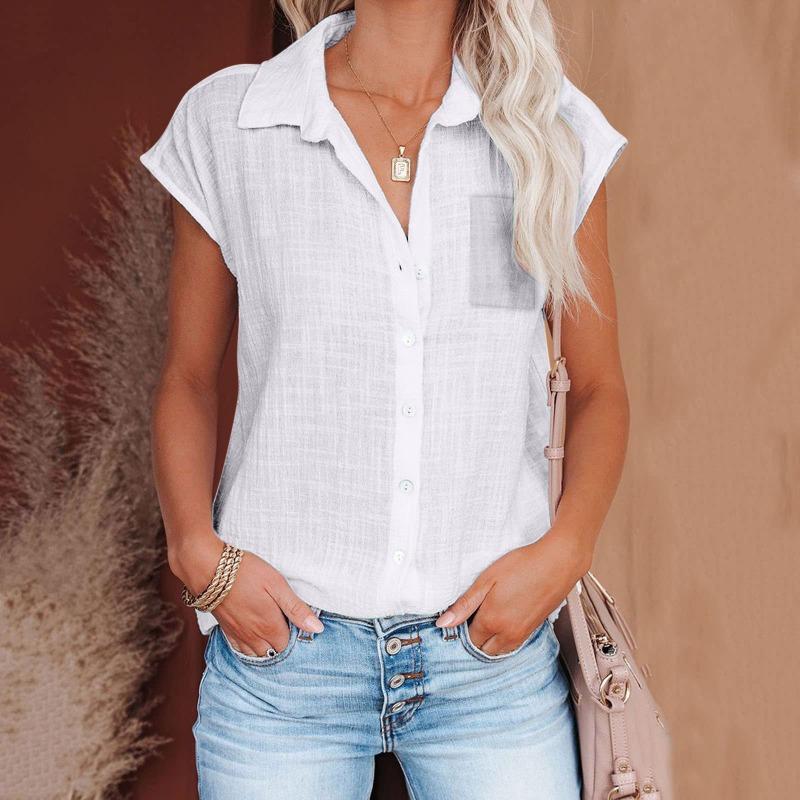 Summer new solid color pocket shirt women s bat sleeve casual short-sleeved top S белый