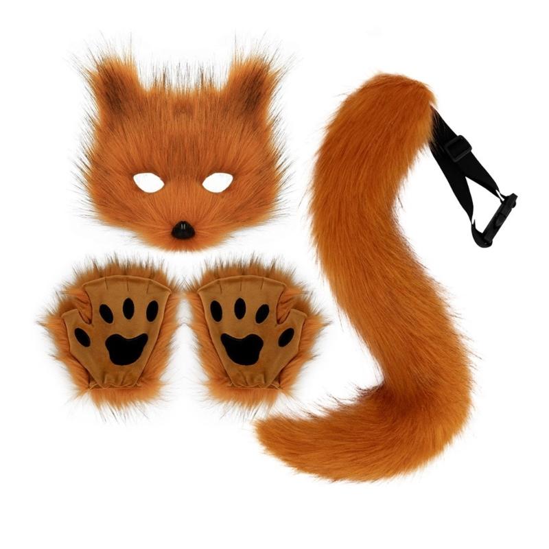 Маска для лица животного Лисы Хвост Меховые перчатки Плюшевый хвост животного Маска для лица лисы для Хэллоуина Косплей-вечеринок