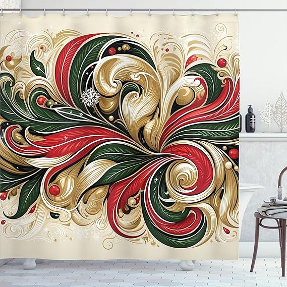 

Рождественская шторка для душа в викторианском стиле с элегантными вьющимися листьями, точками и снежинками