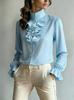 1116 European and American New Temperament Commuting Loose Stand-up Collar Solid Color Ruffle Edge Shirt Women