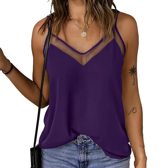 Women Tops Sling Spaghetti Straps V-Neck Mesh Splicing Loose Drape Cut Vest Soft Fabric Summer Casual Tank Tops