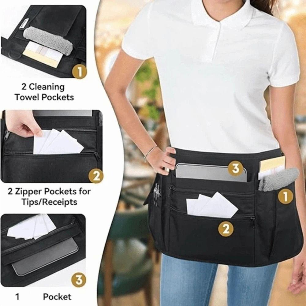 Oxford Cloth Half Apron Multiple Pockets Waist Apron Convenient Waitress Apron Bistro