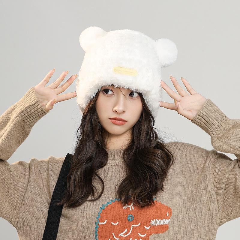 Sweet and Cute Bear Ears Knitted Hat Women's Autumn and Winter Thickened Versatile Warm Soft Waxy Plush Ear Protector Hat