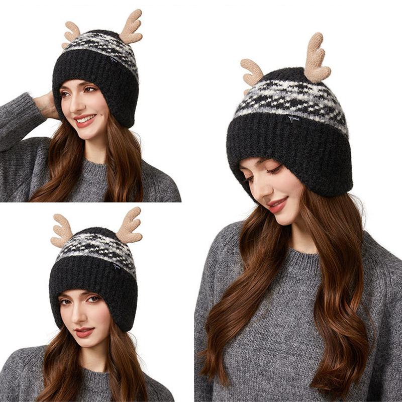 Christmas Antler Knitted Hat Women's Autumn Winter Warm Wool Hat Velvet Ear Protection Cap