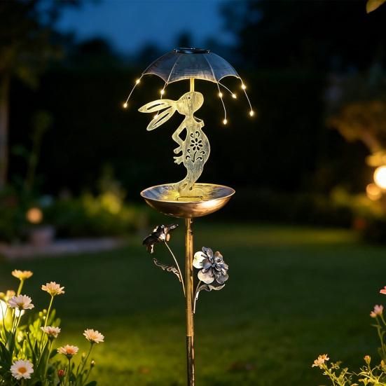 Bird Feeder with Solar Light Outdoor Decorative Garden Decor Wrought Iron Rabbit Holding Umbrella Anti-Rust Bird Feeder Stake for Yard Lawn Patio