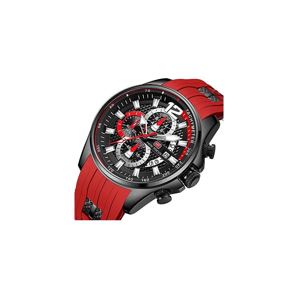 Men's Analog Quartz Watch with Date Function, Silicone Strap, 3ATM Waterproof, Casual Style Red