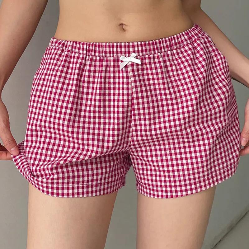 Summer casual fashion retro bow decoration red checkered women's shorts