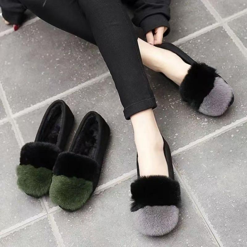 Autumn and winter fluffy shoes women's velvet new rabbit fur Doudou flat-soled pregnant women's soft-soled large-size non-slip cotton shoes