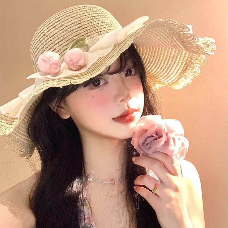 Summer Tulip Lace Edged Straw Hat Women's Beach Vacation Wind Sun Protection Hat Big Brim Sun Hat