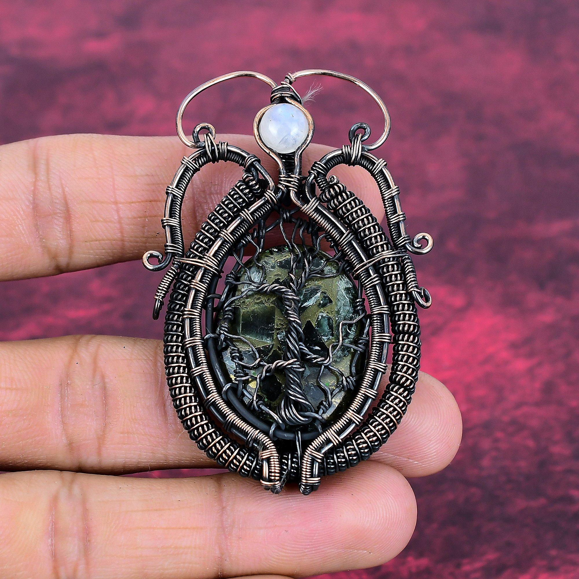 Tree Of Life Copper Seraphinite Pendant Copper Wire Wrapped Gemstone Pendant Rainbow Moonstone Jewelry