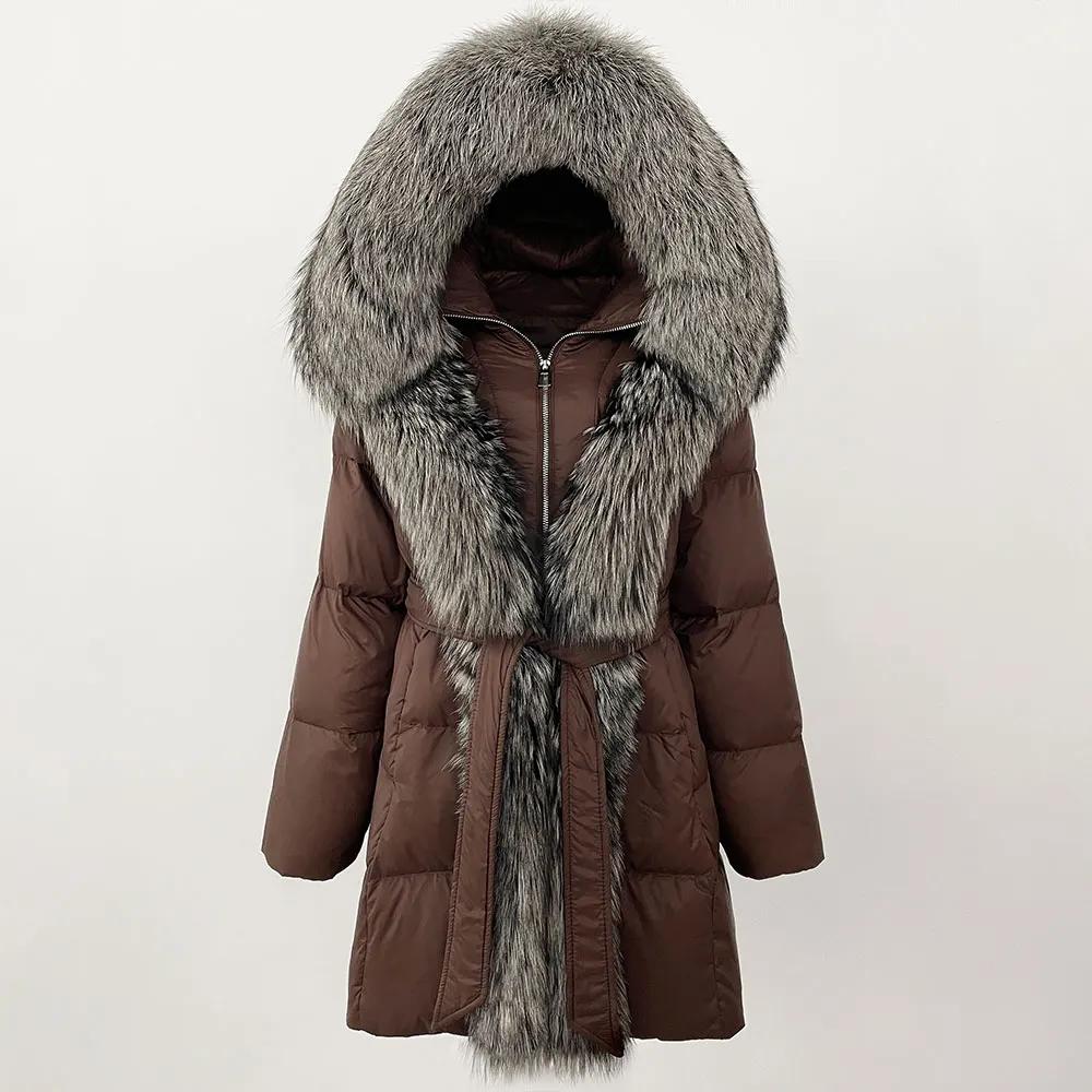 

OFTBUY 2024 зимняя куртка женская с натуральным воротником из натурального меха лисы и капюшоном, пуховое пальто из белой утки, толстая теплая уличная повседневная верхняя одежда L