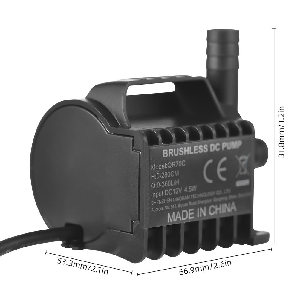 Dränkbar 12V vattenpump elektrisk 360L/H liten fontänpump med max 9,2 fot lyft, 6,5 fot DC hona
