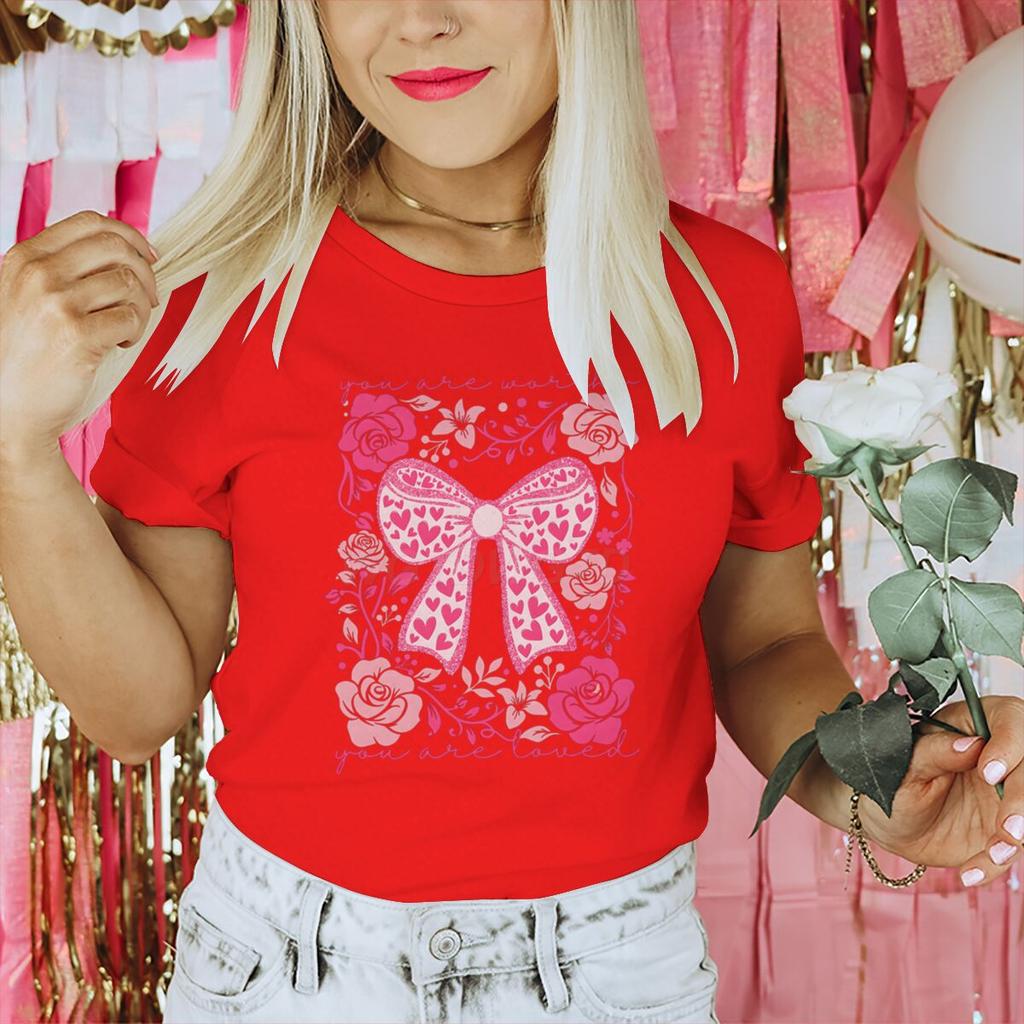 Valentines Day Heart Coquette Bow T Shirts for Women Retro Valentine Short Sleeve Tee Shirt Retro Flower Valentines Casual Tops