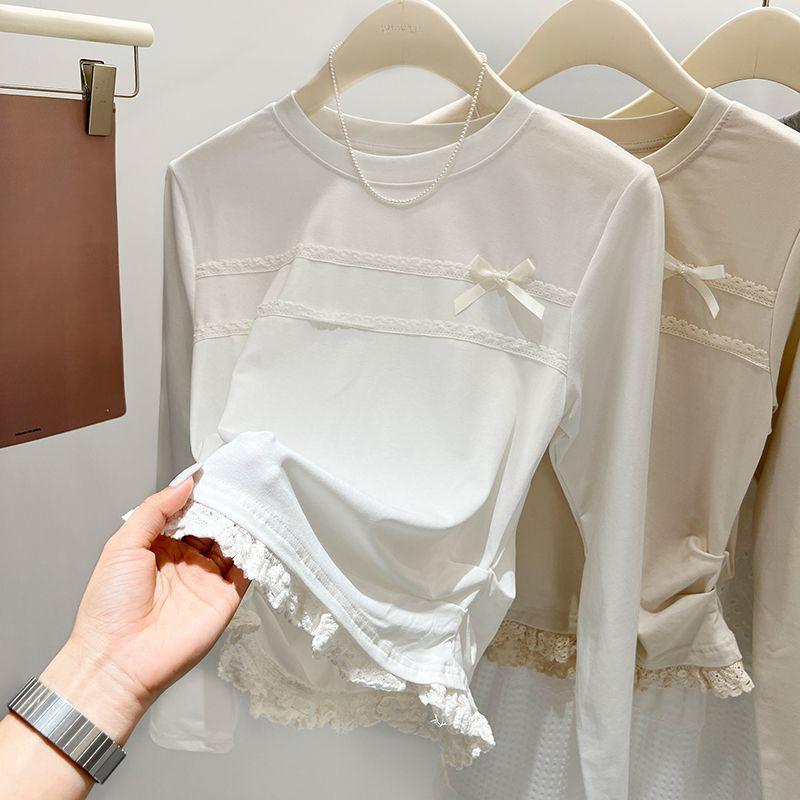 Zimní podzimní elegantní krajkové prošívání falešné dvoudílné tričko s dlouhým rukávem, halenka, dámské v novém designu s mašlí, sladké tričko se spodním dílem