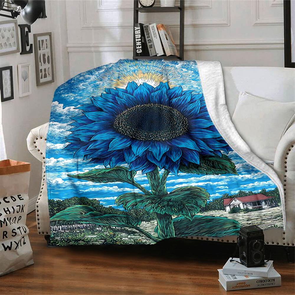 1pc Blue Sunflower Blanket - Lightweight Flannel Fleece with Digital Printing, Soft Warm for Sofa, Travel, Camping, Office yy251018251