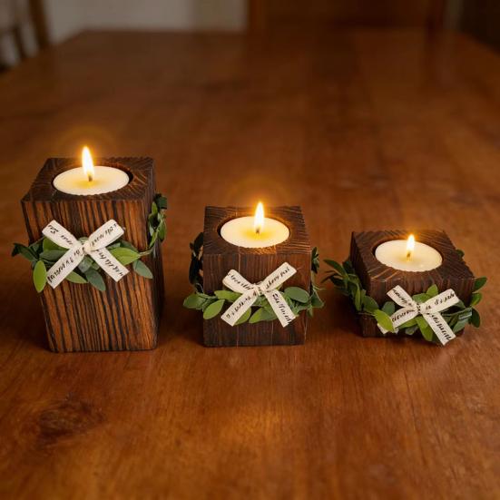 Wooden Tealight Candle Holder Rustic Wood Pillar Candle Stand with Bow Vintage Table Centerpiece for Fireplace Living Dining Room
