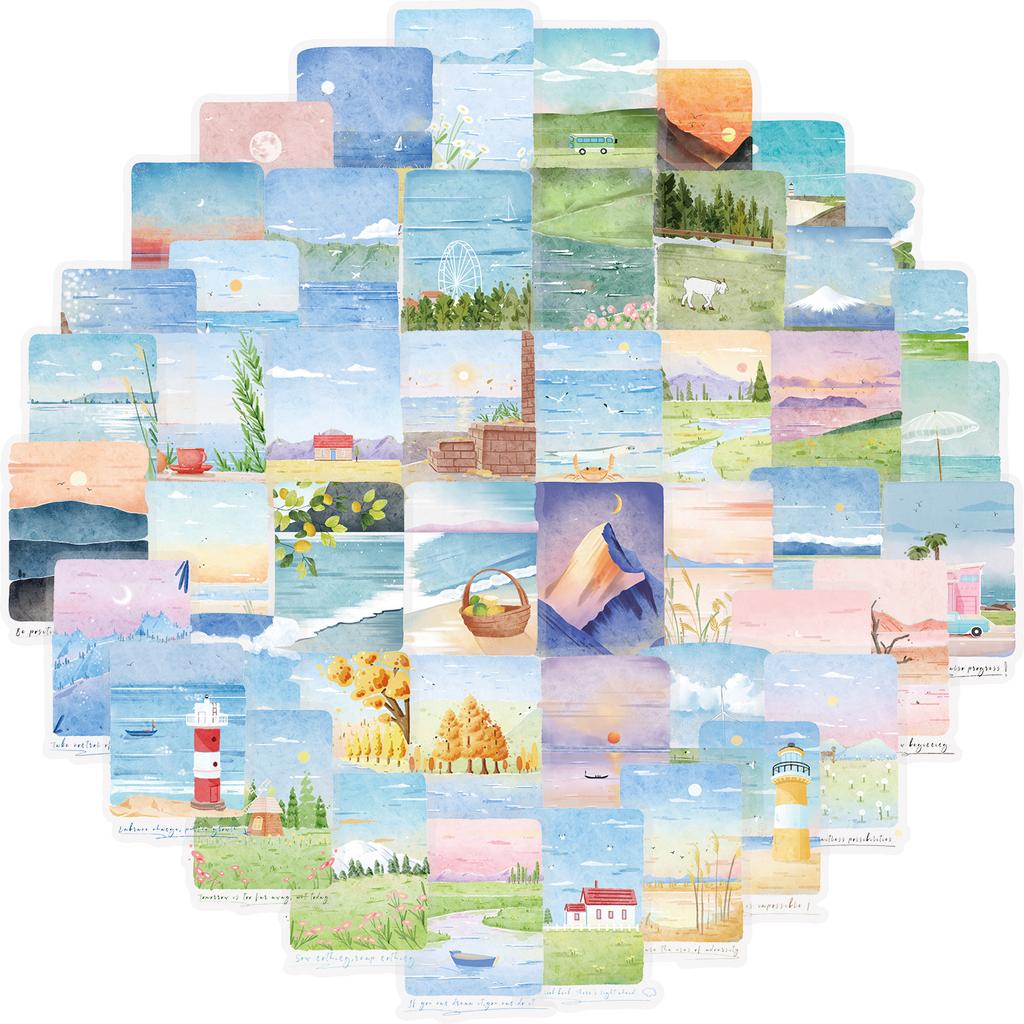 50 Pieces of Hand-drawn Style Outdoor Scenery PET Stickers for Luggage and Water Bottles, Creative Designs