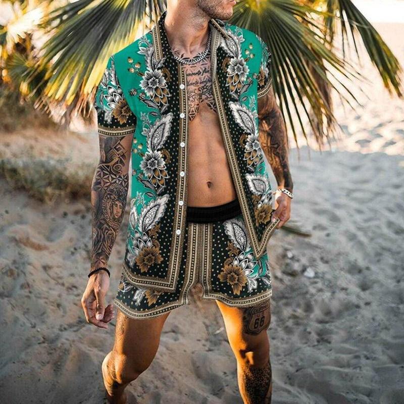 Modisches Sommer Herren Hawaiianischer Druck Lässig Streetwear Knopf Kurzarm und Badeshorts Zweiteiliges Set