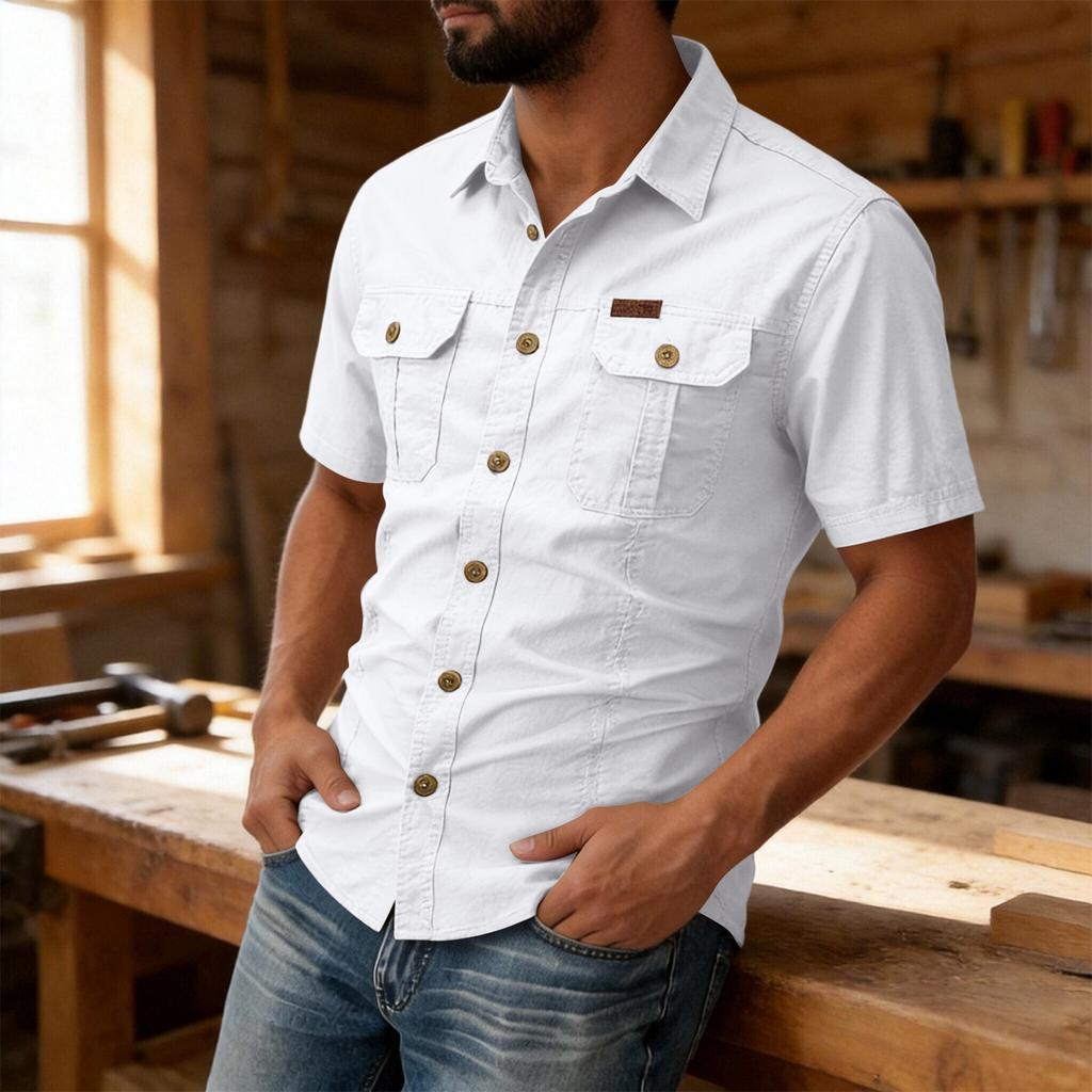 Men's Short Sleeve Button Down Shirt Collar Loose Fit Work Shirt with Pockets Color Casual Everyday Wear