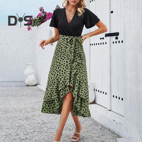 Women's Ruffle Irregular Hem Midi Dress Short Sleeve V-Neck Printed Wrap Dress Summer Beach Wedding Guest Dresses