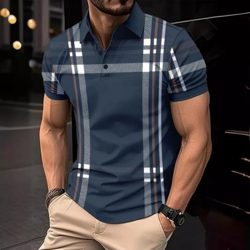 Summer Men's Printed Checkered Striped Polo Shirt Zipper Casual Sports Polo Shirt