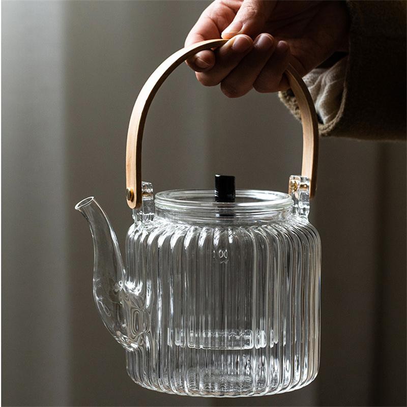 Tetera de Vidrio para Hervir y Cocer al Vapor con Patrón de Rayas Verticales Japonesas Tetera para Té de Flor de Puer Tetera de Té Kungfu Olla con Asa de Bambú Plana