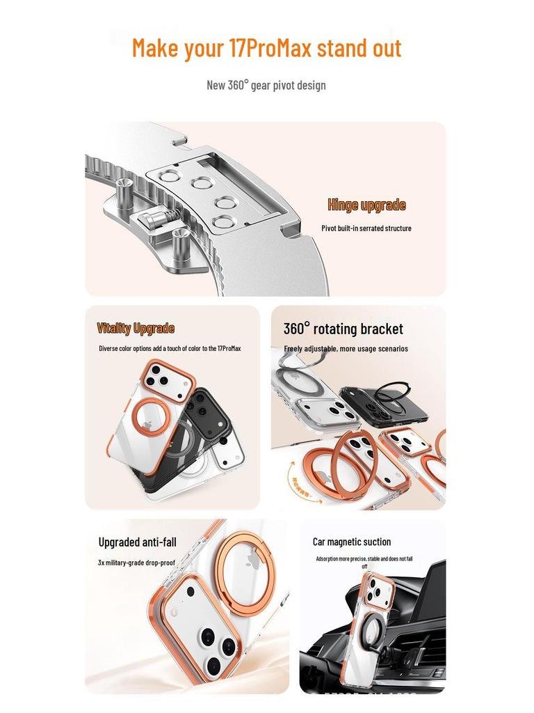 iPhone 17 Pro Max Case: Dual-Color Frame with 360-Degree Gear Bracket, Transparent Design