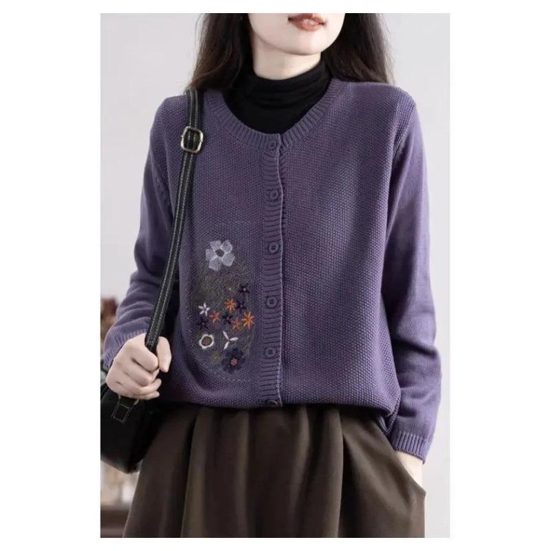 Retro Bestickt Rundhals Wolle Mischung Gestrickt Cardigan Damen Locker Vielseitig Herbst Winter Langarm Außen
