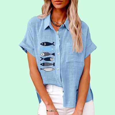 T-shirt da donna con stampa di pesce alla moda T-shirt casual estiva e autunnale con colletto con bavero Camicette di lino larghe da donna a maniche corte con tasca